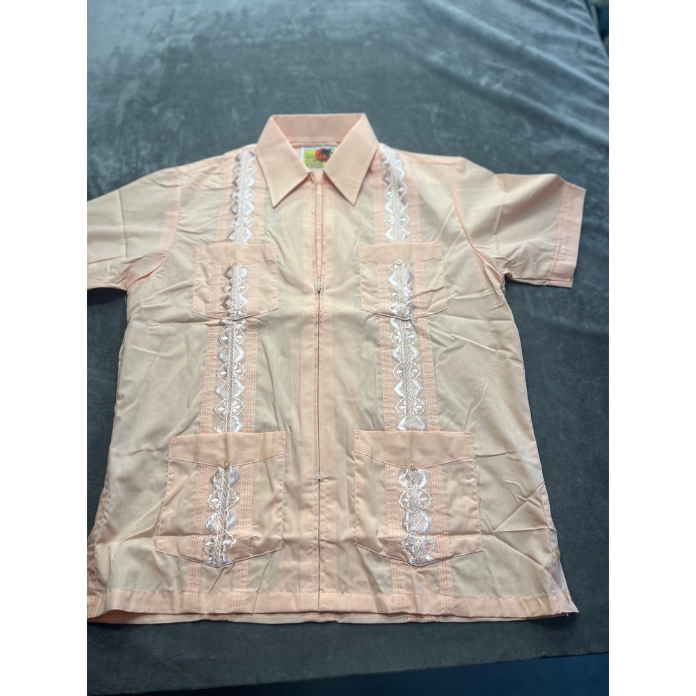 Haband Guayabera Shirt Mens Medium Peach Zip Up Embroidered Short Sleeve Mexican